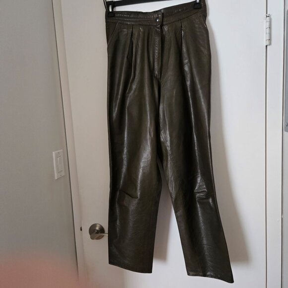 High Waist pleated Genuine Leather Pants - Olive Green - Picture 5 of 5